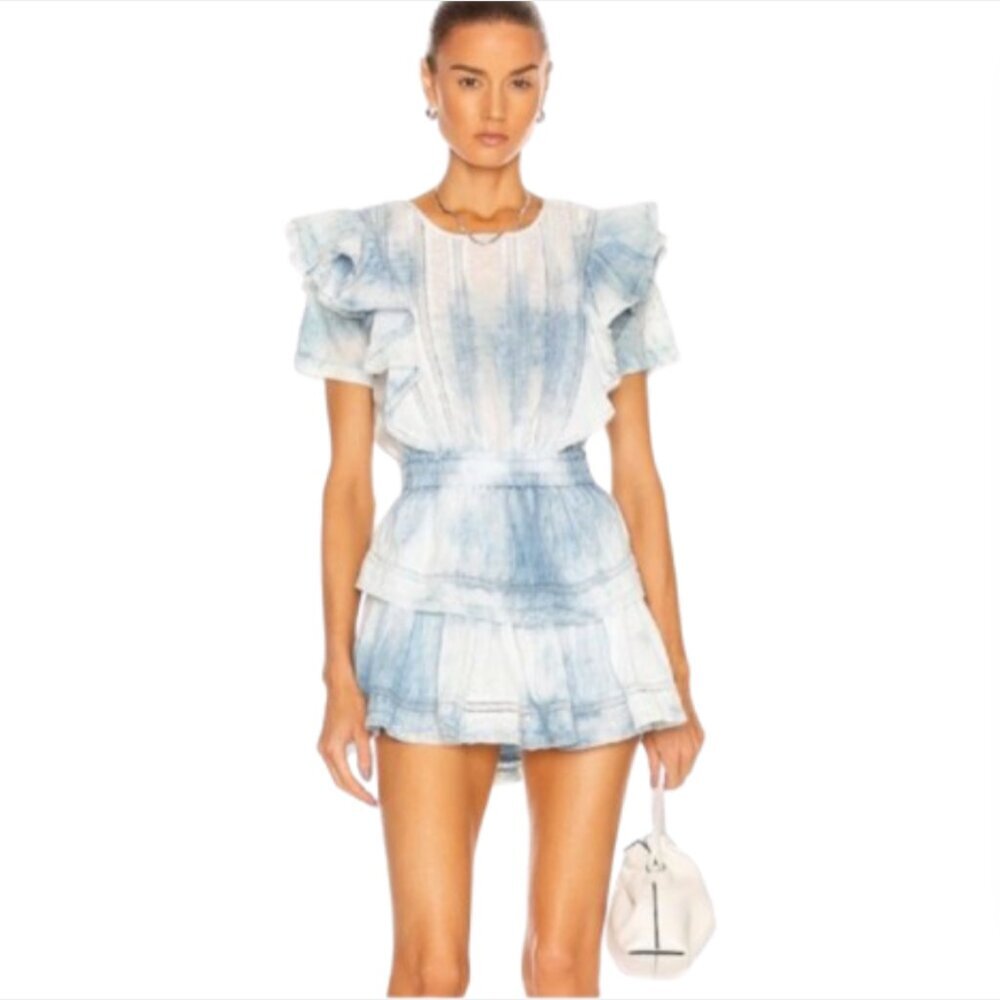 Loveshackfancy Natasha Mini Dress Womens Medium Blue White Tie Dye Ruffle Cotton